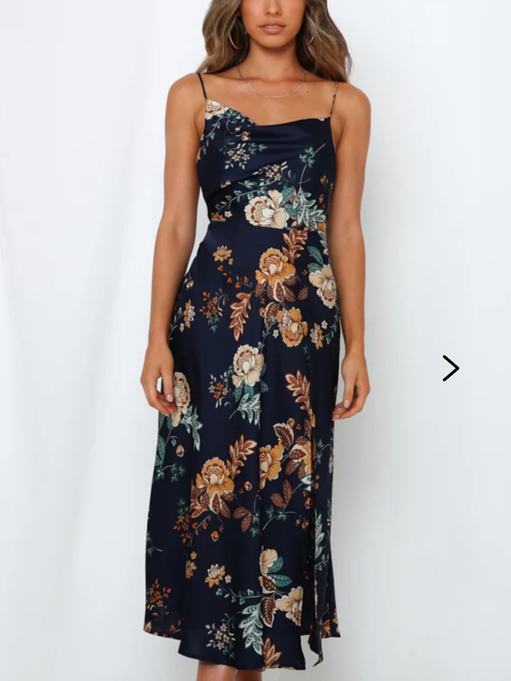 Hello Molly Navy Floral Slip Midi Dress with Tan & Cream Blooms